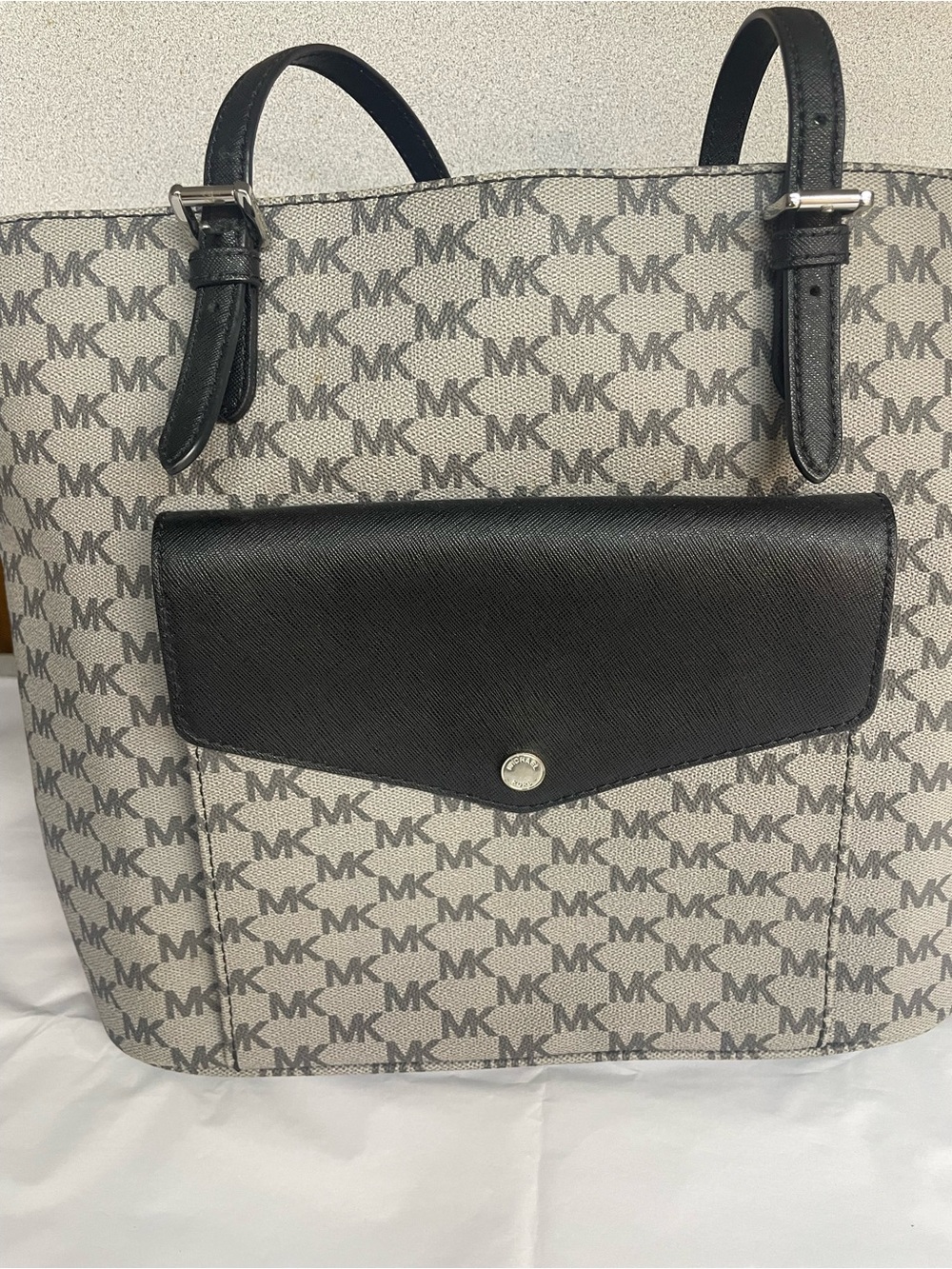 Michael Kors Gray MK Logo Shoulder Tote with Black Flap